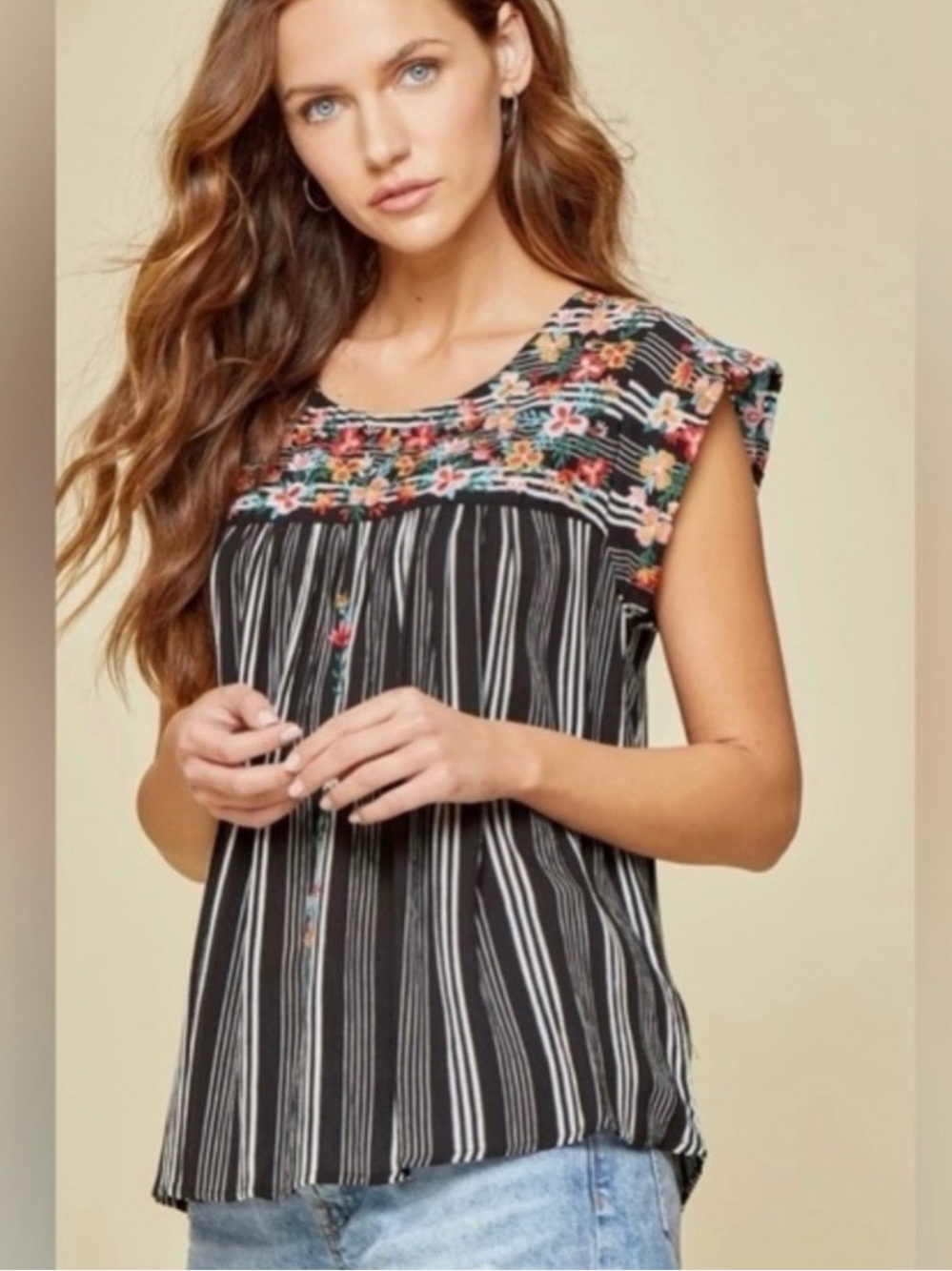 Savanna Jane Black Striped Tank with Multicolor Floral Embroidery